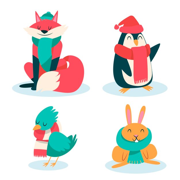 Colección animales de invierno planos dibujados a mano