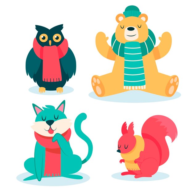 Colección animales de invierno planos dibujados a mano