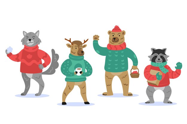 Colección animales de invierno planos dibujados a mano