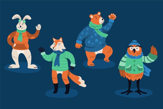 Colección animales de invierno planos dibujados a mano