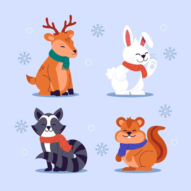 Colección animales de invierno planos dibujados a mano