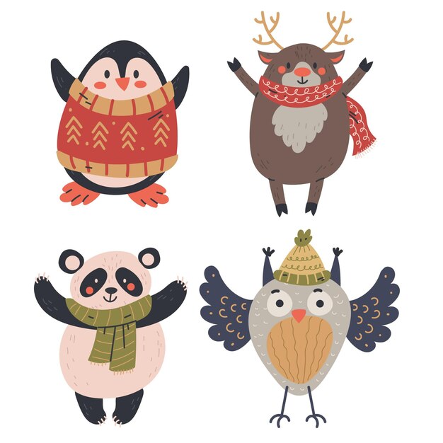 Colección animales de invierno planos dibujados a mano