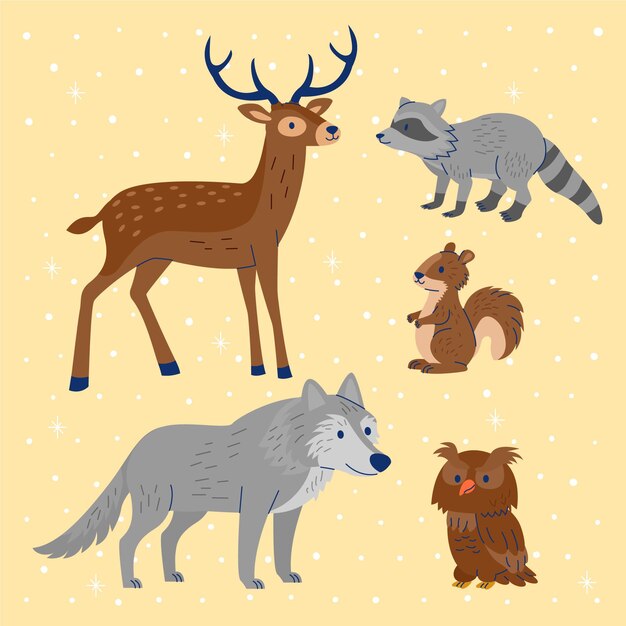 Colección animales de invierno planos dibujados a mano