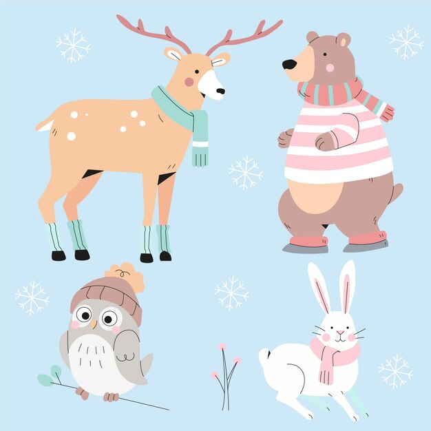 Colección animales de invierno planos dibujados a mano