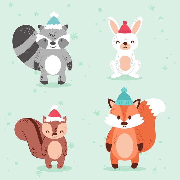 Colección animales de invierno planos dibujados a mano