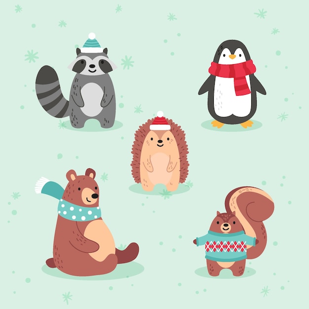 Vector gratuito colección animales de invierno planos dibujados a mano