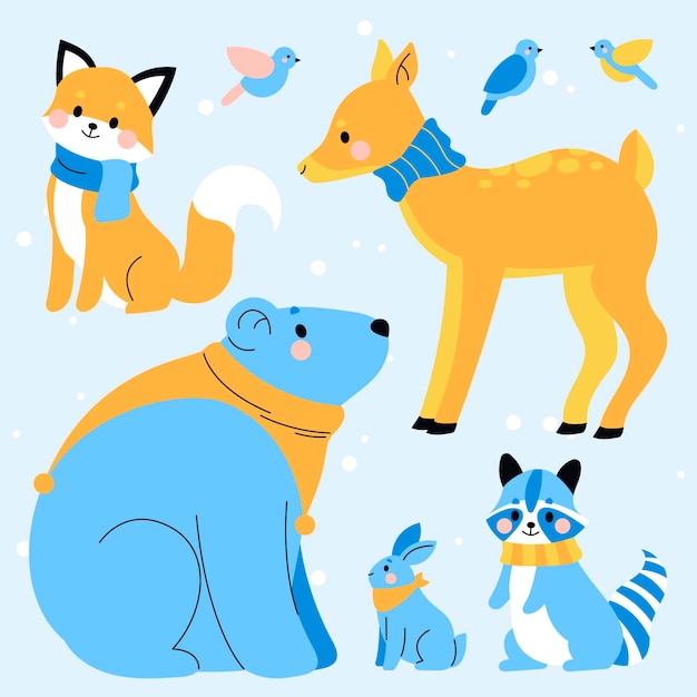 Colección animales de invierno planos dibujados a mano
