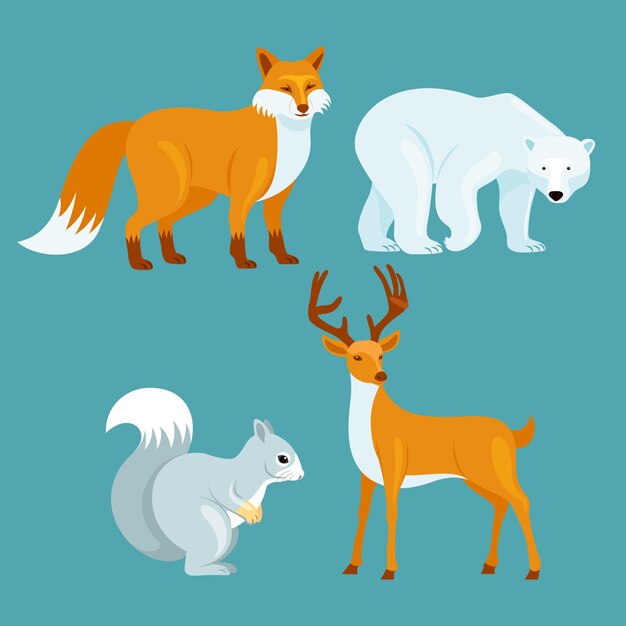 Colección animales de invierno planos dibujados a mano