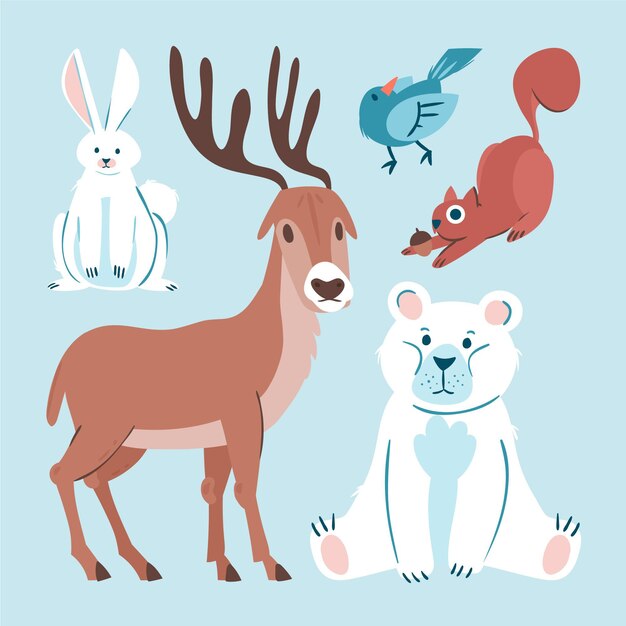 Colección animales de invierno planos dibujados a mano