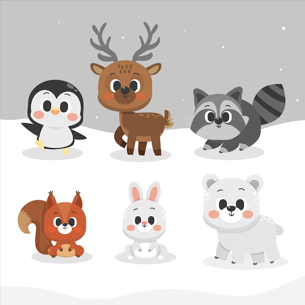 Vector gratuito colección animales de invierno planos dibujados a mano