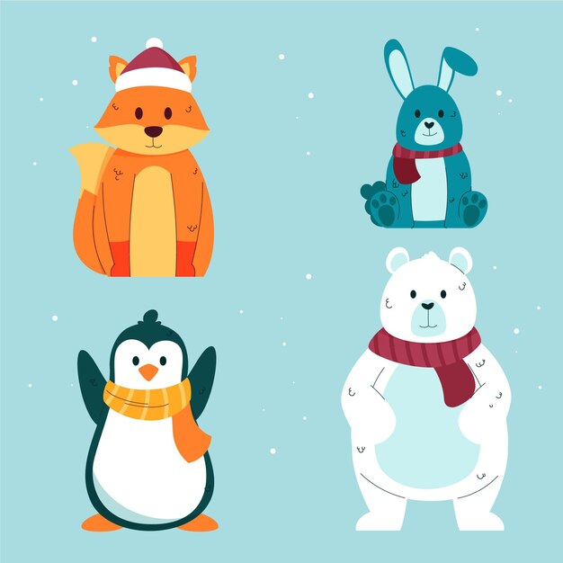 Colección animales de invierno planos dibujados a mano