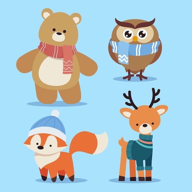 Colección animales de invierno planos dibujados a mano