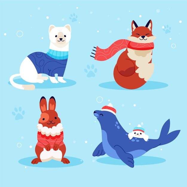 Colección animales de invierno planos dibujados a mano