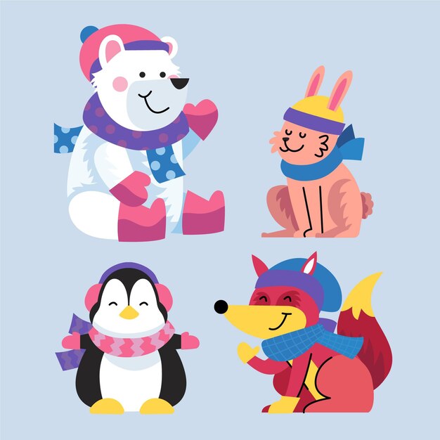 Colección animales de invierno planos dibujados a mano