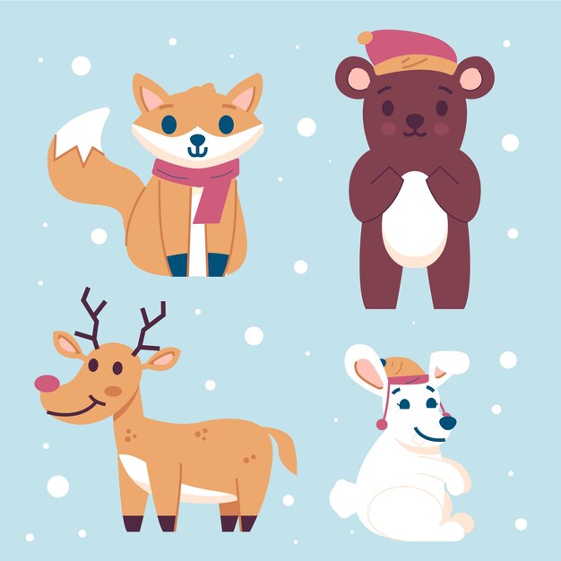 Colección animales de invierno planos dibujados a mano