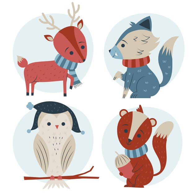 Colección animales de invierno planos dibujados a mano