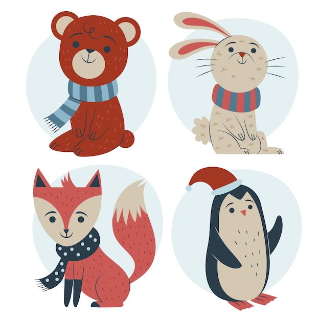 Colección animales de invierno planos dibujados a mano