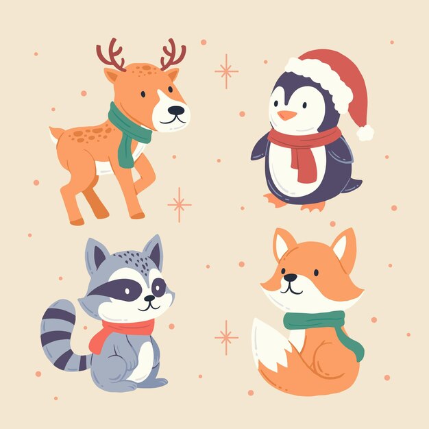 Colección animales de invierno planos dibujados a mano