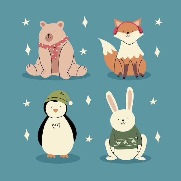 Colección animales de invierno planos dibujados a mano