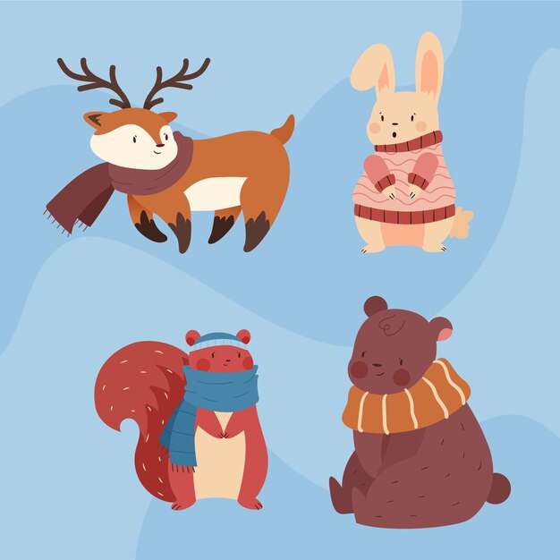 Colección animales de invierno planos dibujados a mano