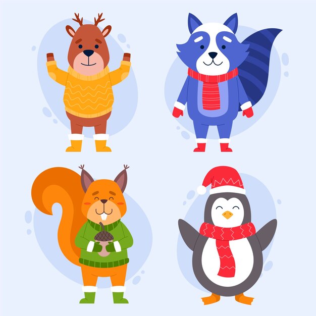 Colección animales de invierno planos dibujados a mano