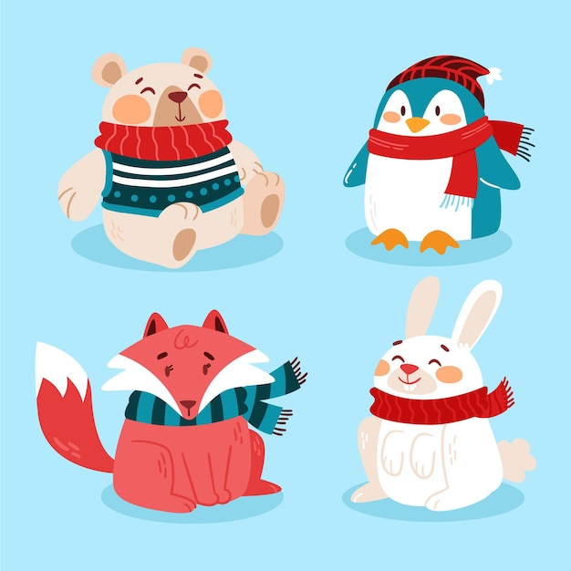 Colección animales de invierno planos dibujados a mano
