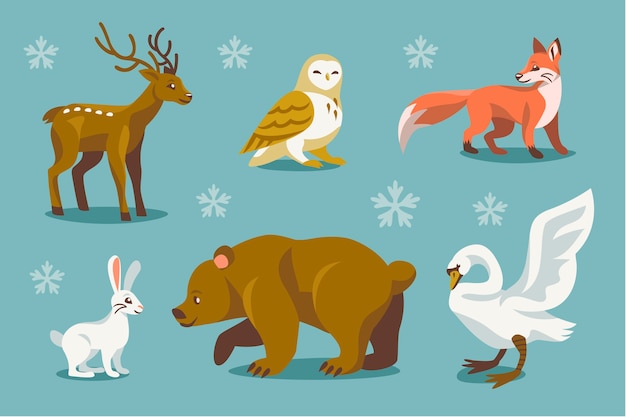 Colección animales de invierno planos dibujados a mano