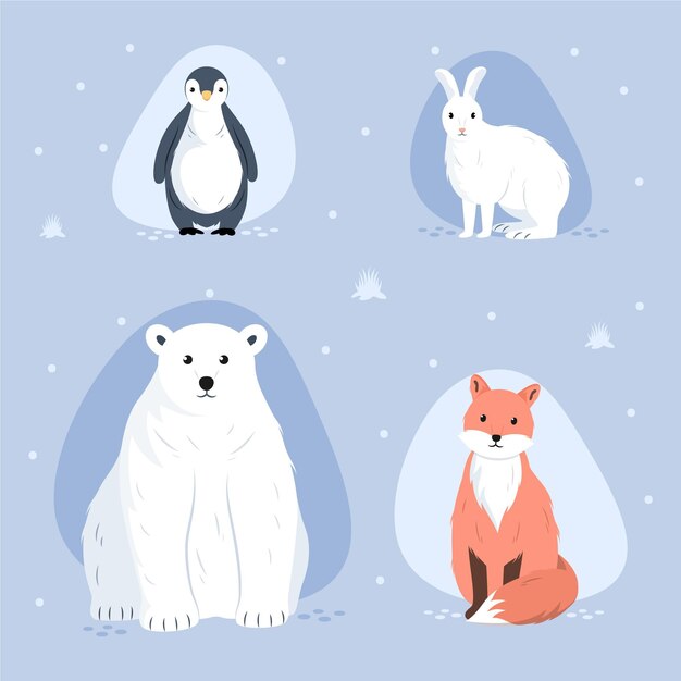 Colección animales de invierno planos dibujados a mano