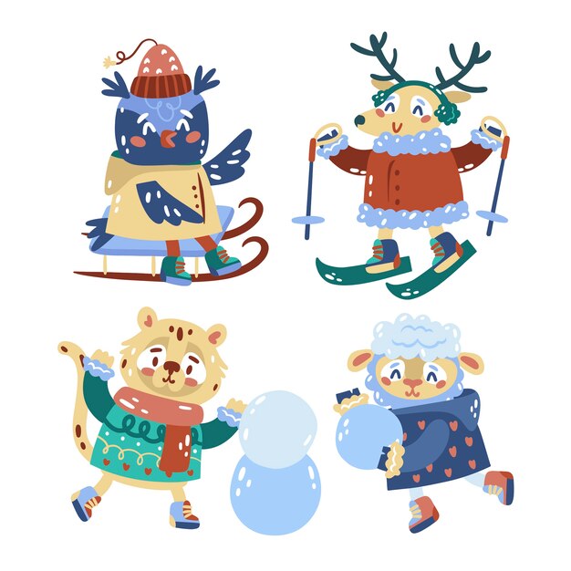 Colección animales de invierno planos dibujados a mano