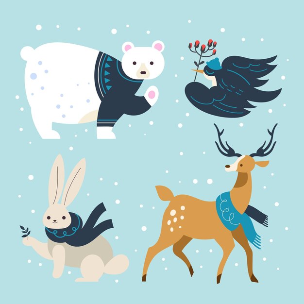 Colección animales de invierno planos dibujados a mano