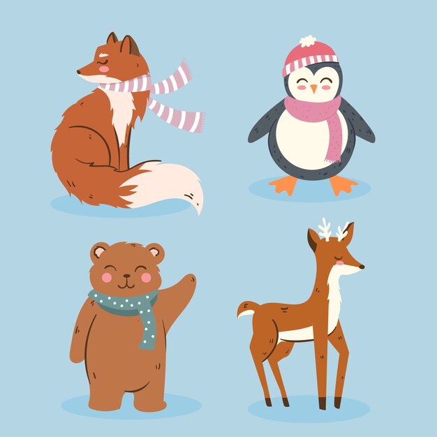 Colección animales de invierno planos dibujados a mano