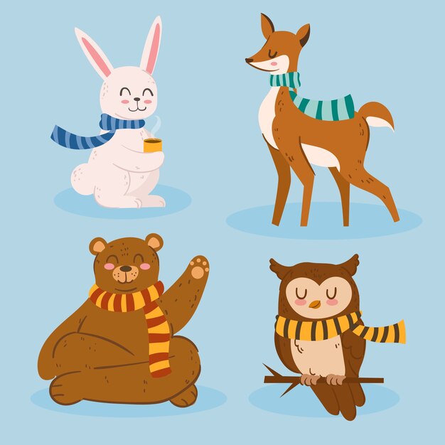 Colección animales de invierno planos dibujados a mano
