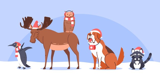 Colección animales de invierno planos dibujados a mano