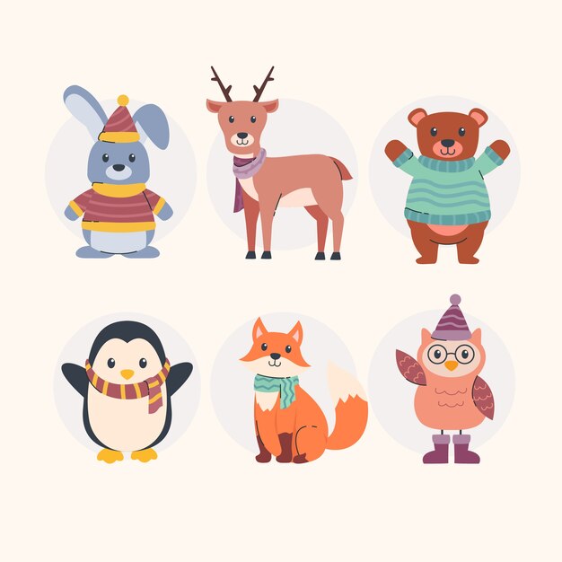 Colección animales de invierno planos dibujados a mano