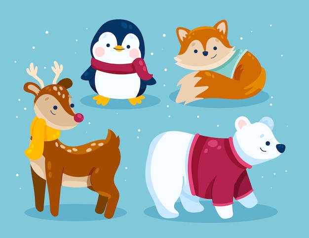 Colección animales de invierno planos dibujados a mano