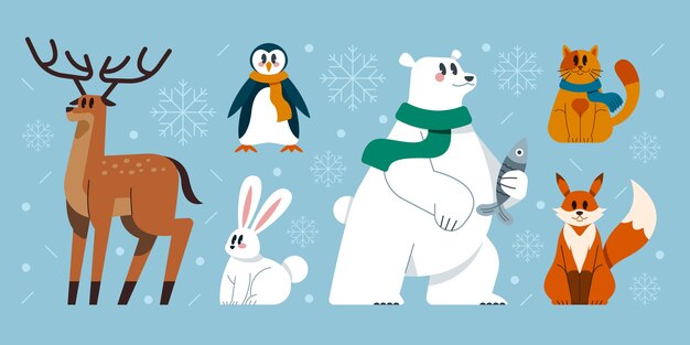 Colección animales de invierno planos dibujados a mano