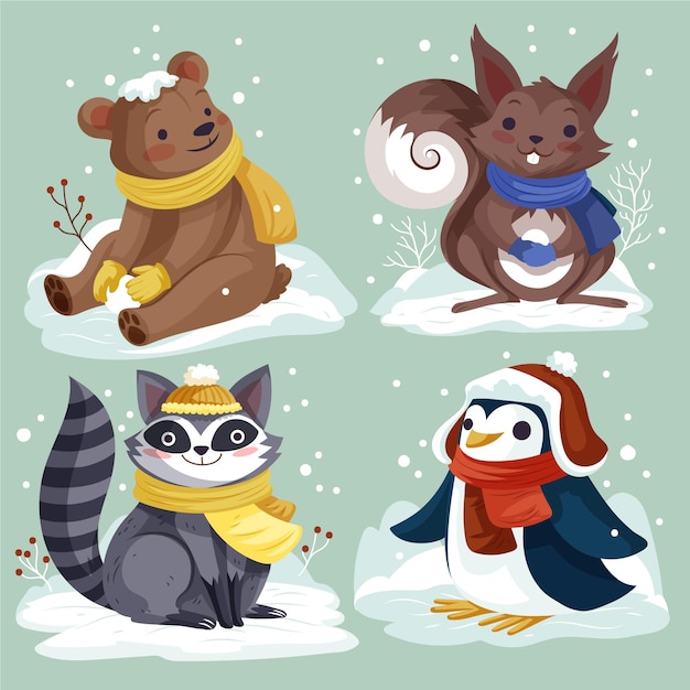 Colección animales de invierno planos dibujados a mano