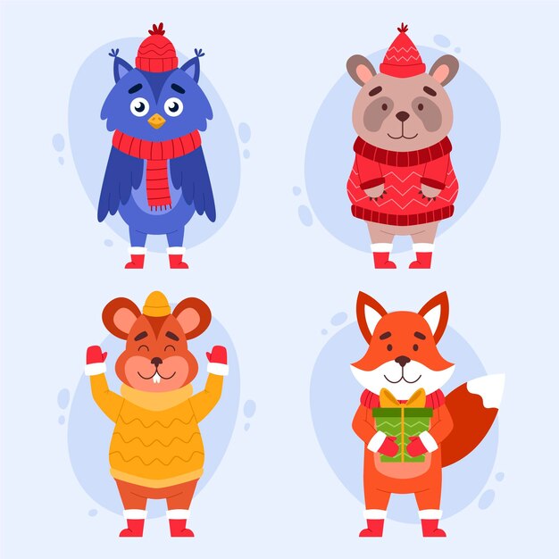 Colección animales de invierno planos dibujados a mano
