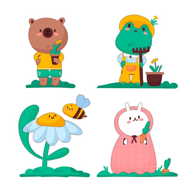 Coleccion de animales kawaii dibujados a mano 