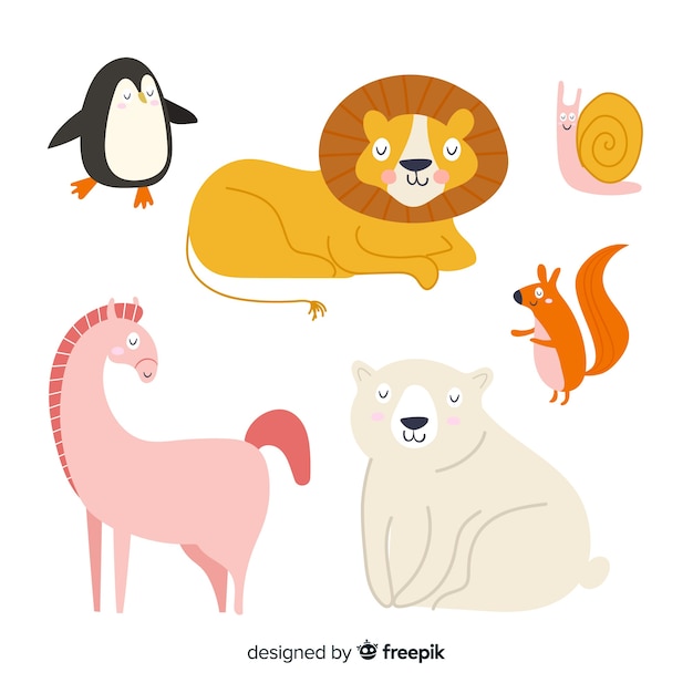 Colección de animales lindos dibujados a mano