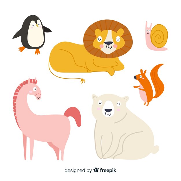 Colección de animales lindos dibujados a mano