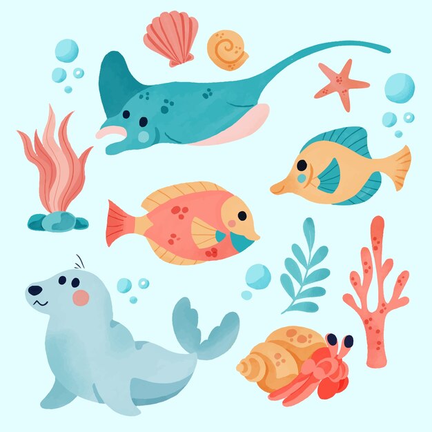 Colección de animales marinos en acuarela