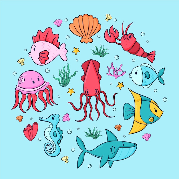 Vector gratuito colección animales marinos dibujados a mano