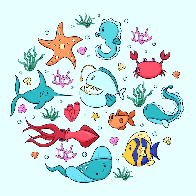 Vector gratuito colección animales marinos dibujados a mano