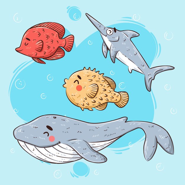 Colección animales marinos dibujados a mano