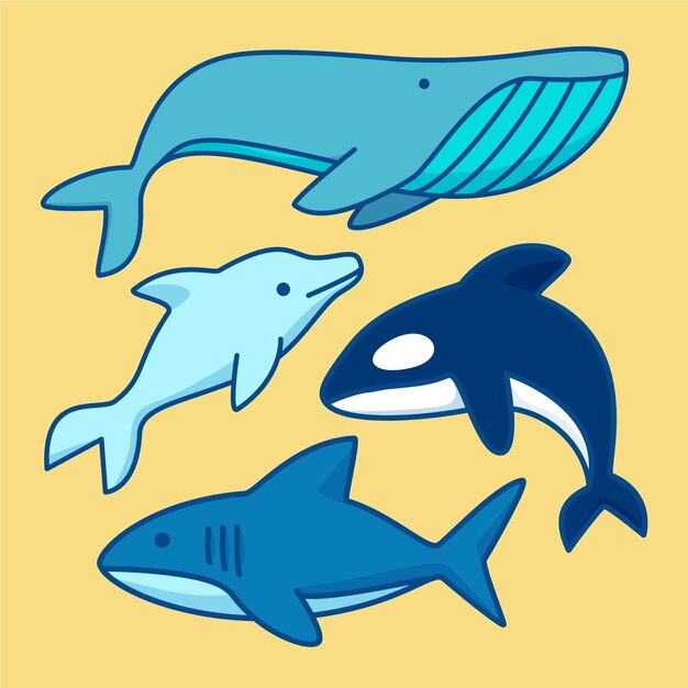 Colección animales marinos dibujados a mano