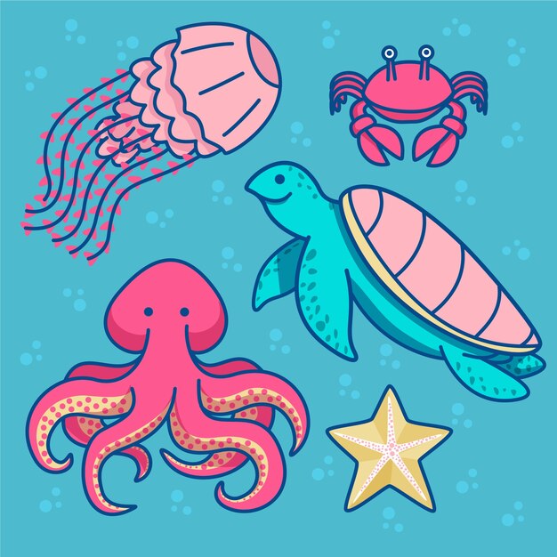 Colección animales marinos dibujados a mano