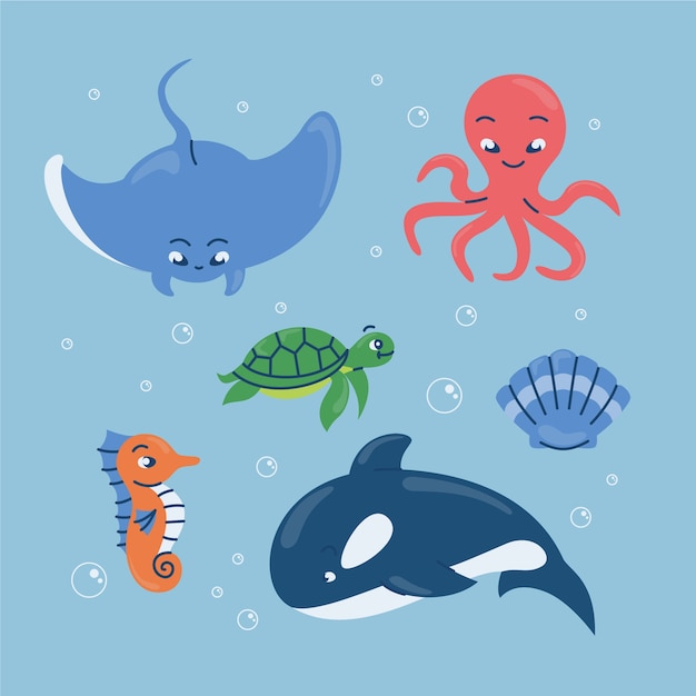 Colección de animales marinos dibujados a mano