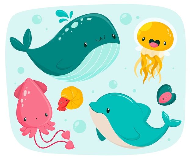 Colección animales marinos dibujados a mano