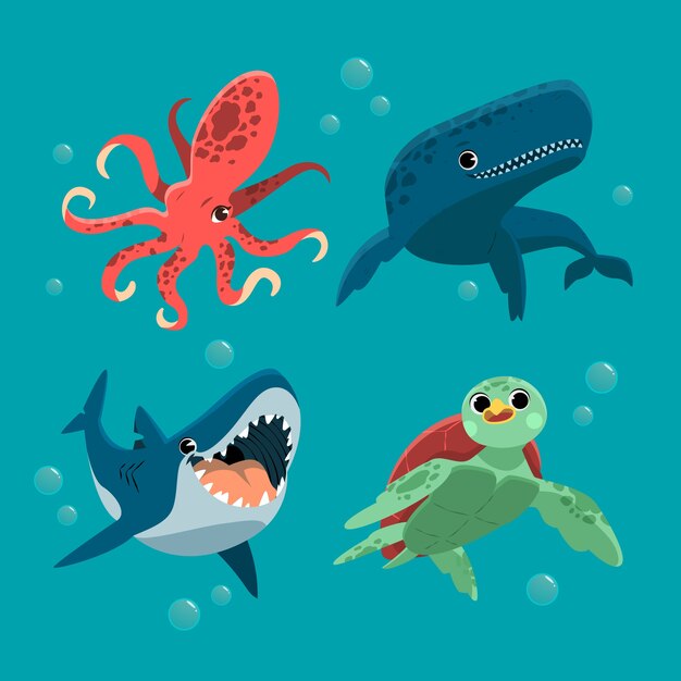 Colección animales marinos dibujados a mano